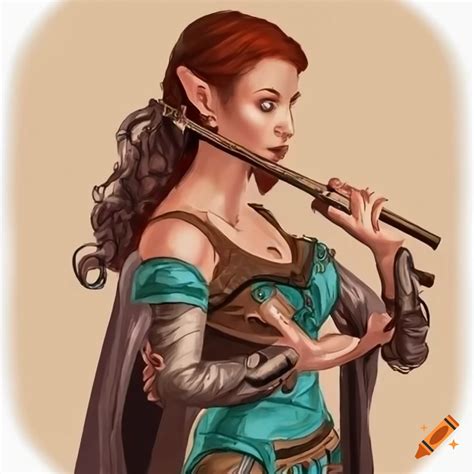 Female half elf bard playing a flute on Craiyon