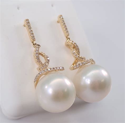 12 mm Pearl and Diamond Dangle Drop Earrings 14K Yellow Gold June ...
