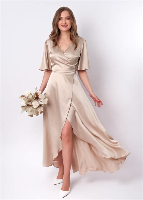 Champagne beige silk satin long wrap dress, silk dress, wrap dress, brides… | Silk bridesmaid ...