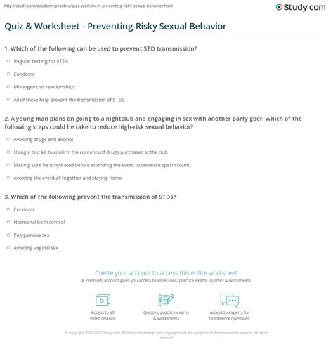 Quiz & Worksheet - Preventing Risky Sexual Behavior | Study.com