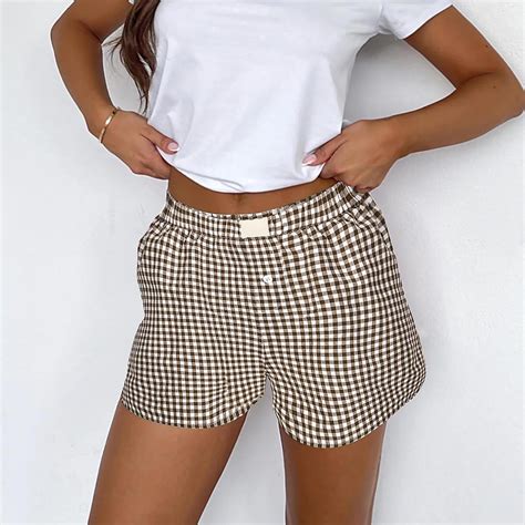 Amidoa Womens Pants Plus Size Elastic Waist Pajama Plaid Shorts Womens ...