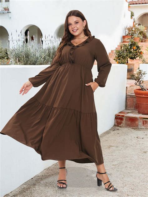 Plus Size A Line Flowy Dresses Long Sleeve V Neck丨Moon Wood