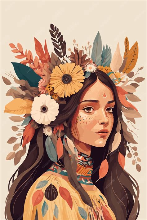 Premium Vector | Boho indian tribal girl portrait with feathers in hair ...