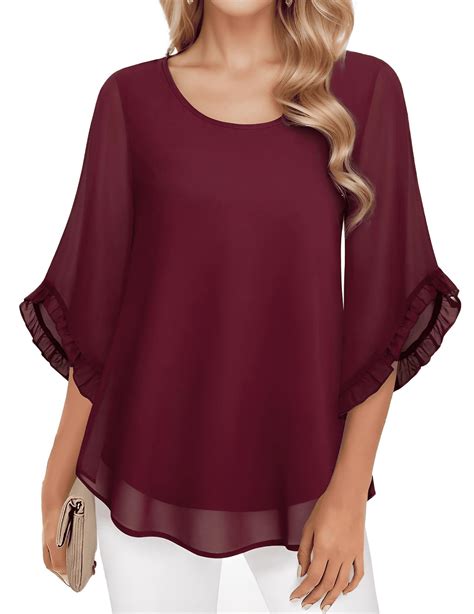 Wataxii Blouses for Women Dressy Casual Womens 3/4 Ruffle Sleeve Tops ...