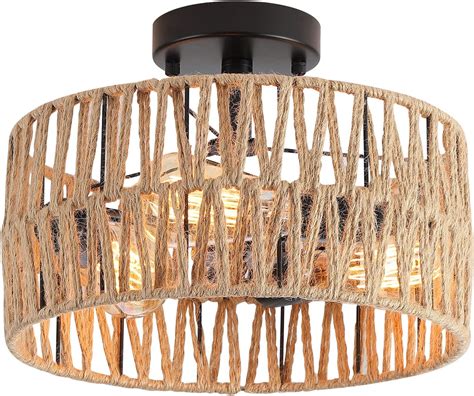 Rattan Semi Flush Mount Ceiling Light Fixture,Boho Hand Woven Wicker ...