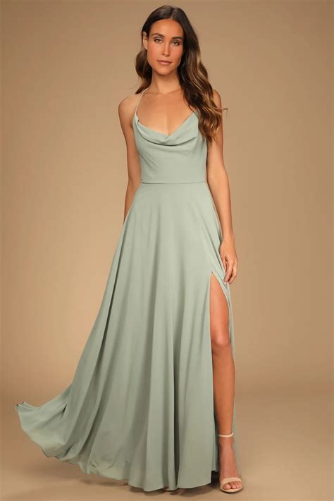 Gallery: Sage Green Cowl Lace-Up Maxi Dress - Deer Pearl Flowers 2023