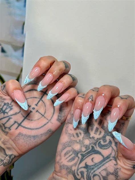 Upgrade Your Look With 24pcs Almond Shaped, Stylish Blue Ripple Full ...