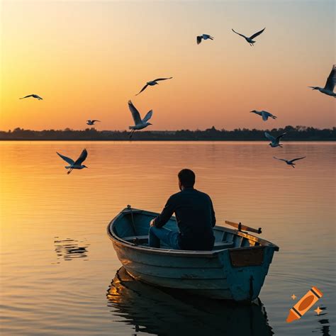 Man in a boat on the water at sunset with birds flying around. on Craiyon