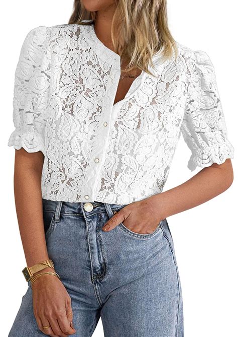 PRETTYGARDEN Womens 2025 Spring Lace Tops Short Puff Sleeve Casual ...
