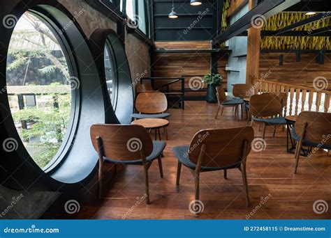 Coffee Shop Second Floor with Outdoor View from Circle Windows Stock ...