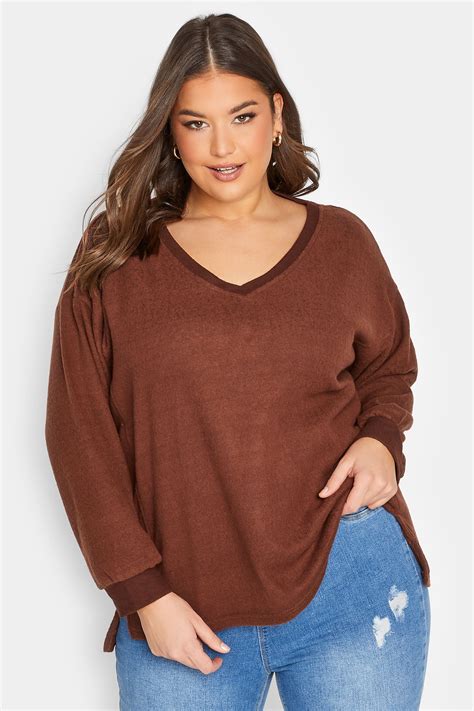 Plus Size Brown V-Neck Soft Touch Fleece Sweatshirt | Yours Clothing