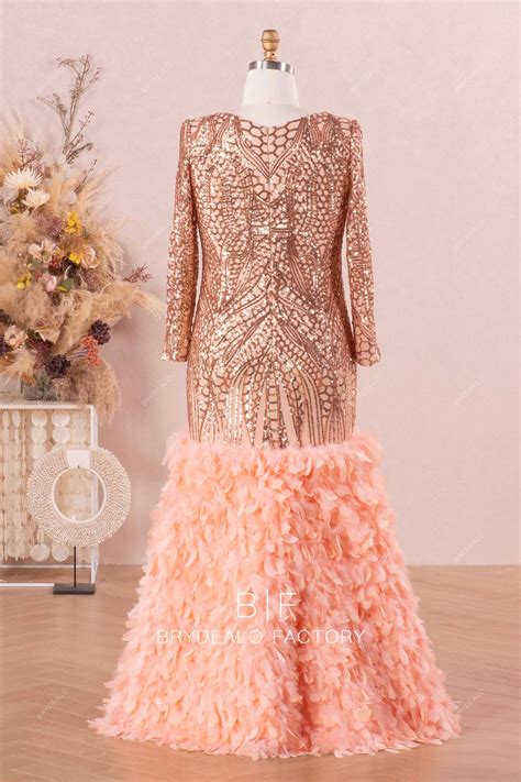 Champagne Gold Plus Size Sparkly Sequin Feather Trumpet Prom Dress