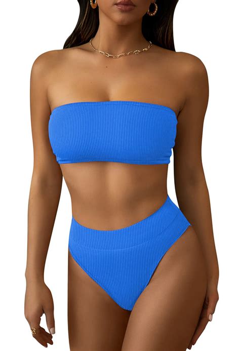 Pink Queen Strapless Swimsuits for Women Sexy Ribbed Bandeau Bikini Top ...