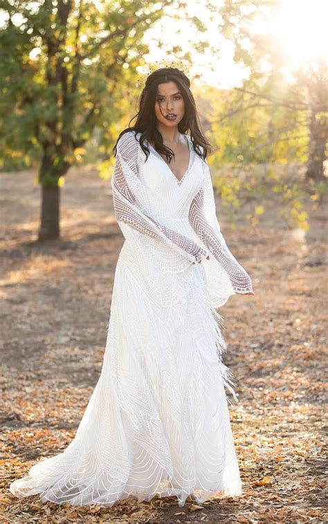 Romantic Boho Wedding Dress With Lace Bell Sleeves | All Who Wander Wedding Dresses