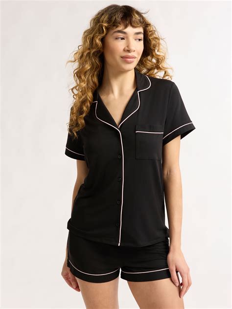 Joyspun Women's Short Sleeve Notch Collar Knit Pajama Set with Shorts ...