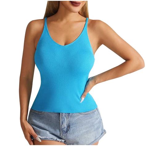BLVB Women Spaghetti Strap Scoop Neck Ribbed Tank Tops Slim Fitted ...