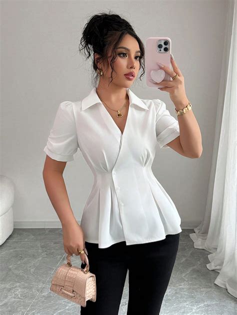 Niche V-Neck Cinched Waist Short Sleeve Elegant White Blouse | Elegant ...