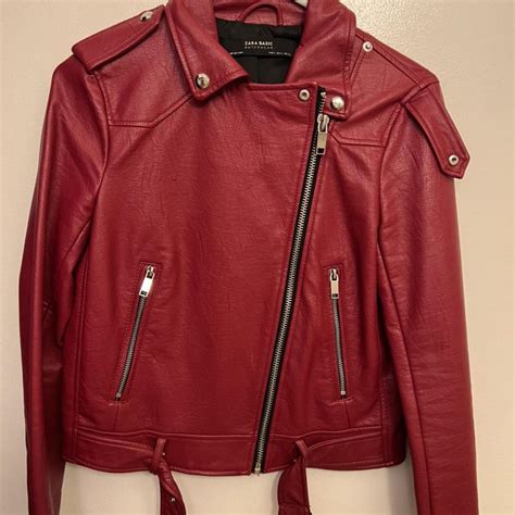 Zara red leather jacket in great condition. Size... - Depop
