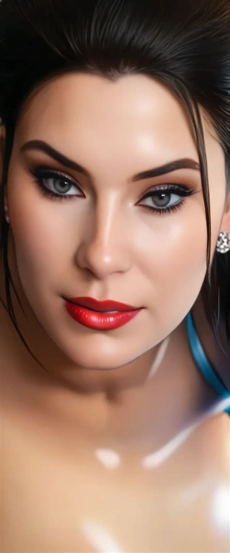 A close up of a woman with a red lipstick and a blue dress - SeaArt AI