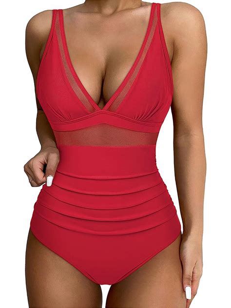 Huonawei One-piece Swimsuit for Women V Neck Ruched Monokinis Bathing ...