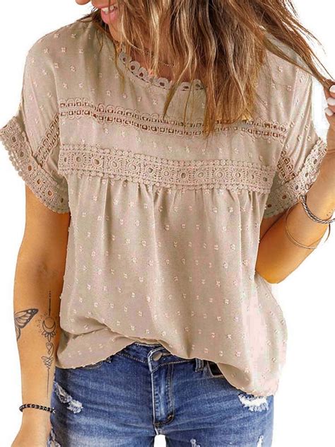UVN Embroidery Chiffon Blouses, Short Sleeve Crochet Lace Tops for ...
