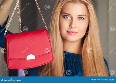 Fashion and Accessories, Happy Beautiful Woman Holding Small Red ...