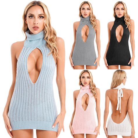 Womens Sexy Sweater Dress Open Chest Hollow Backless Knitted Pullovers ...