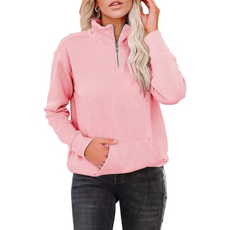 Women's Quarter Zip Lightweight Pullover Sweatshirts Solid Color Long ...
