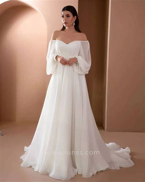Off-the-Shoulder Puffy Sleeve Chiffon Bridal Dress - Lunss - wedding dress with shoulder sleeves