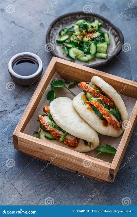 Gua Bao, Chinese Steamed Buns, with Pork Belly in a Wooden Box Stock ...