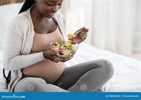Black Pregnant Woman Holding Bowl with Fresh Vegetable Salad, Enjoying ...