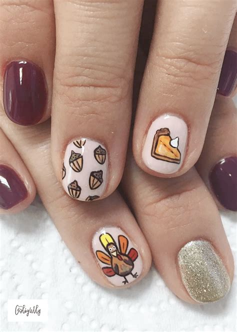 Thanksgiving nail art designs ideas with acorns, pumpkin pie, and a ...