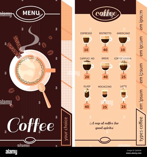 Coffee menu design for coffeehouse restaurant cafe or bar with names of coffee types plate and ...