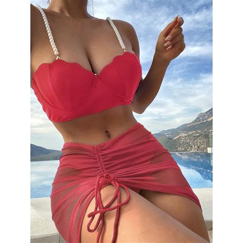 Sexy 3 Piece Bikinis Set Women Swimsuit with Skirt Swimwear Women Push ...
