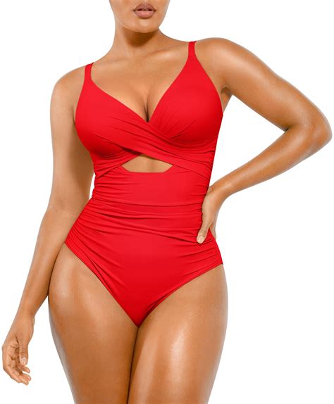 SHAPELLX Red Swimwear Womens Tummy Control Swimsuits One Piece Bathing ...