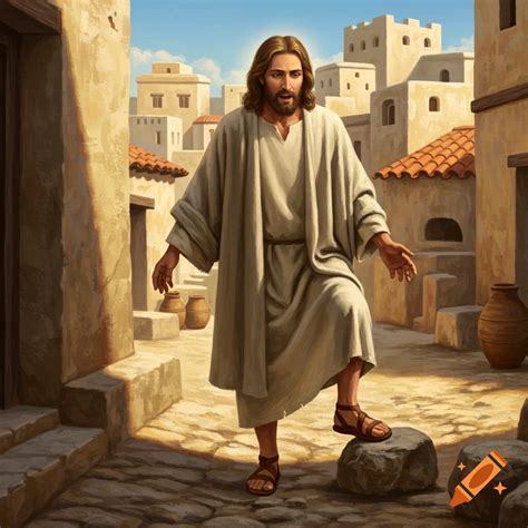 Jesus walks through a sunny street with a crowd and city buildings in ...