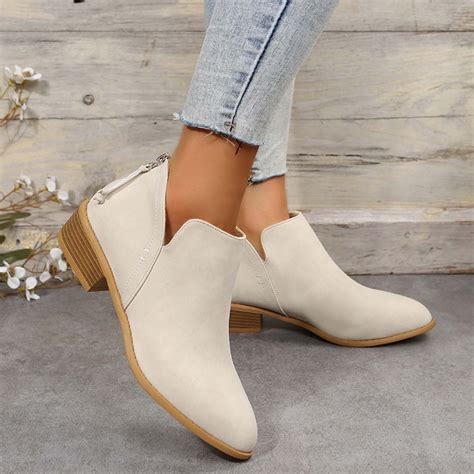 HAOTAGS Women's Leather Booties Low Heel Ankle Boots Mid Heel Back ...