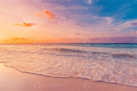 Beautiful sunrise beach. Exotic dramatic shore waves on sand, sea ...