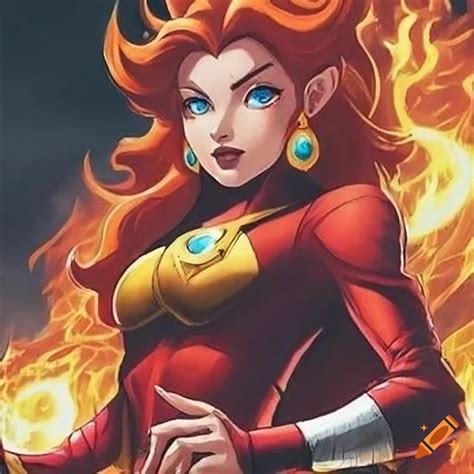 Artwork of princess daisy as jean grey phoenix with intense fire powers on Craiyon