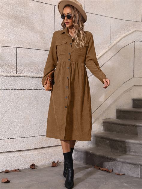SHEIN LUNE Flap Pocket Corduroy Shirt Dress | SHEIN UK