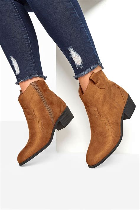 Tan Vegan Faux Suede Western Ankle Boots In Extra Wide Fit | Long Tall ...