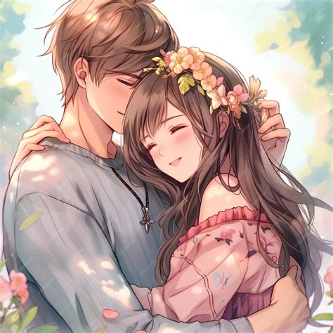 Premium Photo | Anime couple hugging each other in a garden with ...
