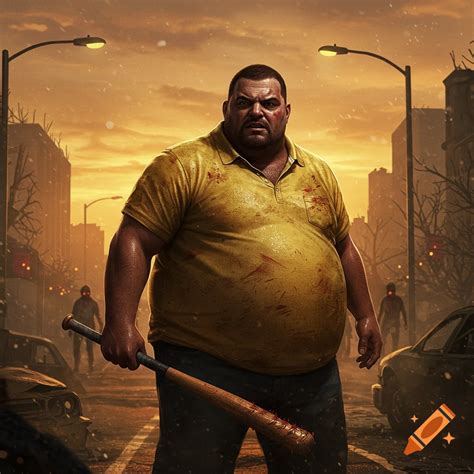 A heavily built man, possibly Coach from Left 4 Dead 2, with a spiked baseball bat stands in a ...