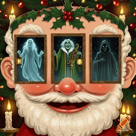 Illustration of Santa Claus with portraits of the Ghost of Christmas Past, Present, and Yet to ...