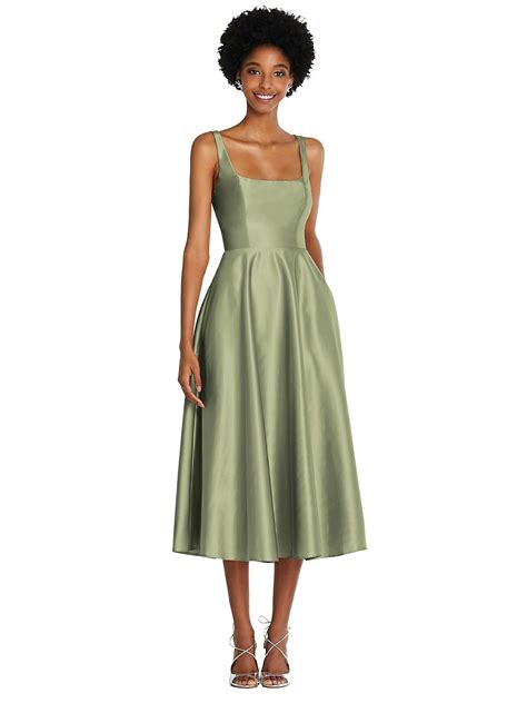 Square Neck Full Skirt Satin Midi Dress with Pockets | Green bridesmaid ...