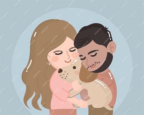 Premium Vector | Couple of young people with a pet. husband and wife ...