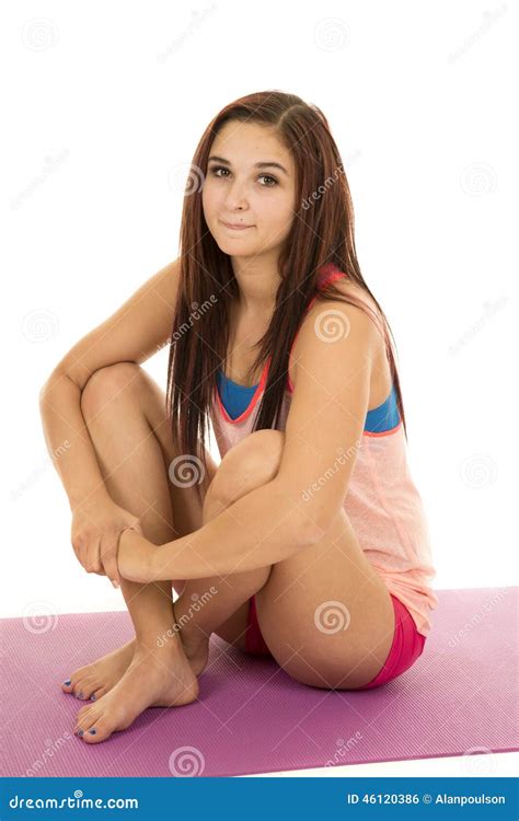 Woman Fitness Pink Sit Knees Up Stock Photo - Image of adult, brunette ...