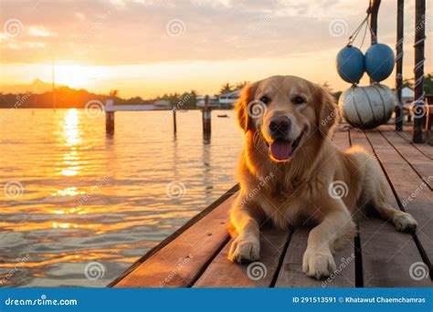 Sunset Companion: Golden Retriever Sits Gracefully on a Bridge ...