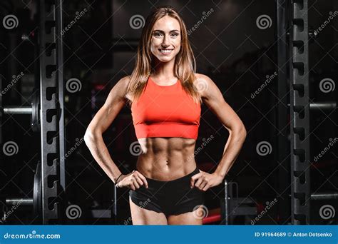 Caucasian Fitness Female Model in Gym Close Up Abs Stock Image - Image ...