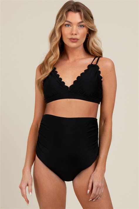 Black Scalloped V-Neck High Waist Two-Piece Maternity Swimsuit – PinkBlush